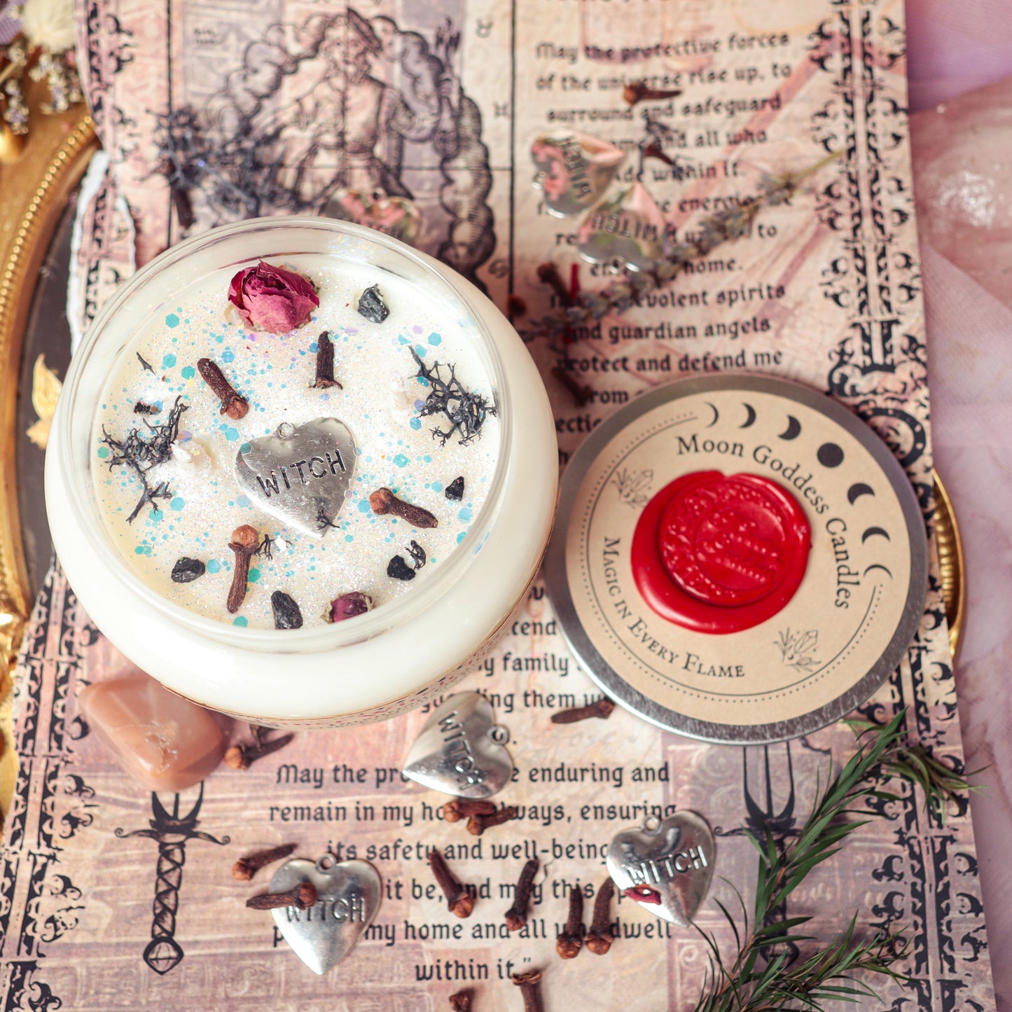 Candle with decorative elements on a mystical-themed background